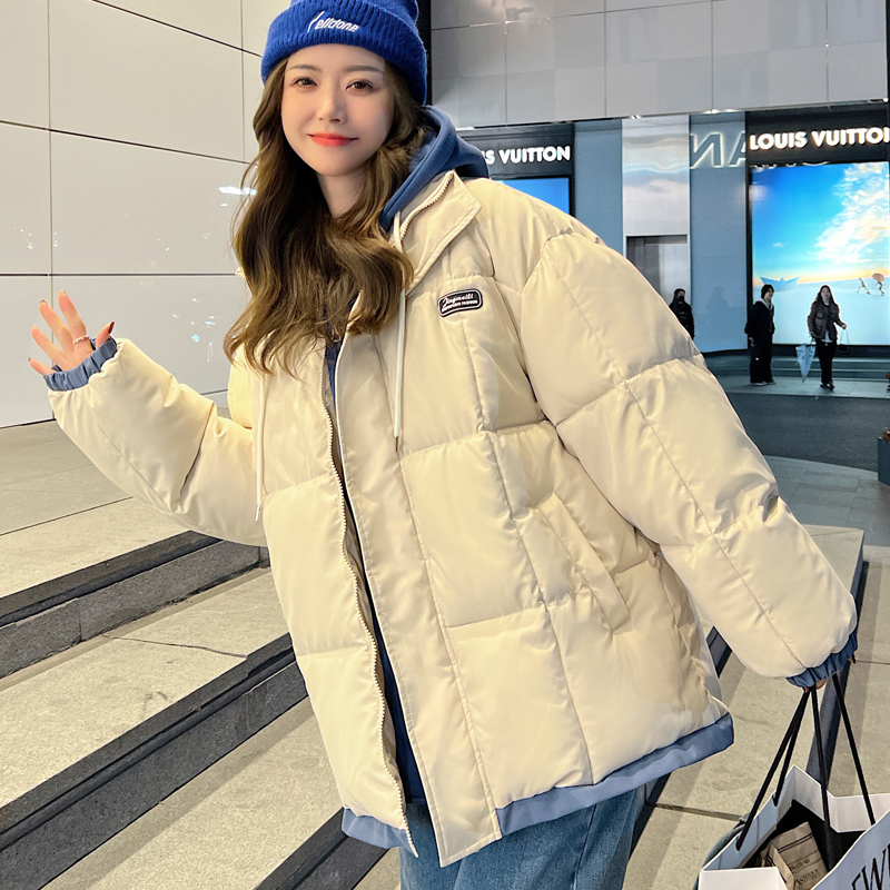 實拍學院風新款羽絨服女短款麵包服韓版假兩件衛衣帽休閒寬鬆外套