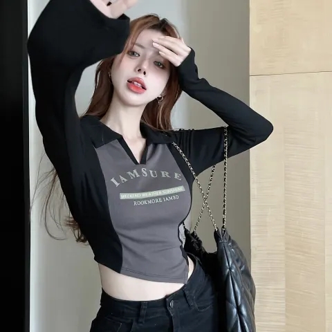 羅紋 撞色polo領修身長袖t恤女秋季v領上衣