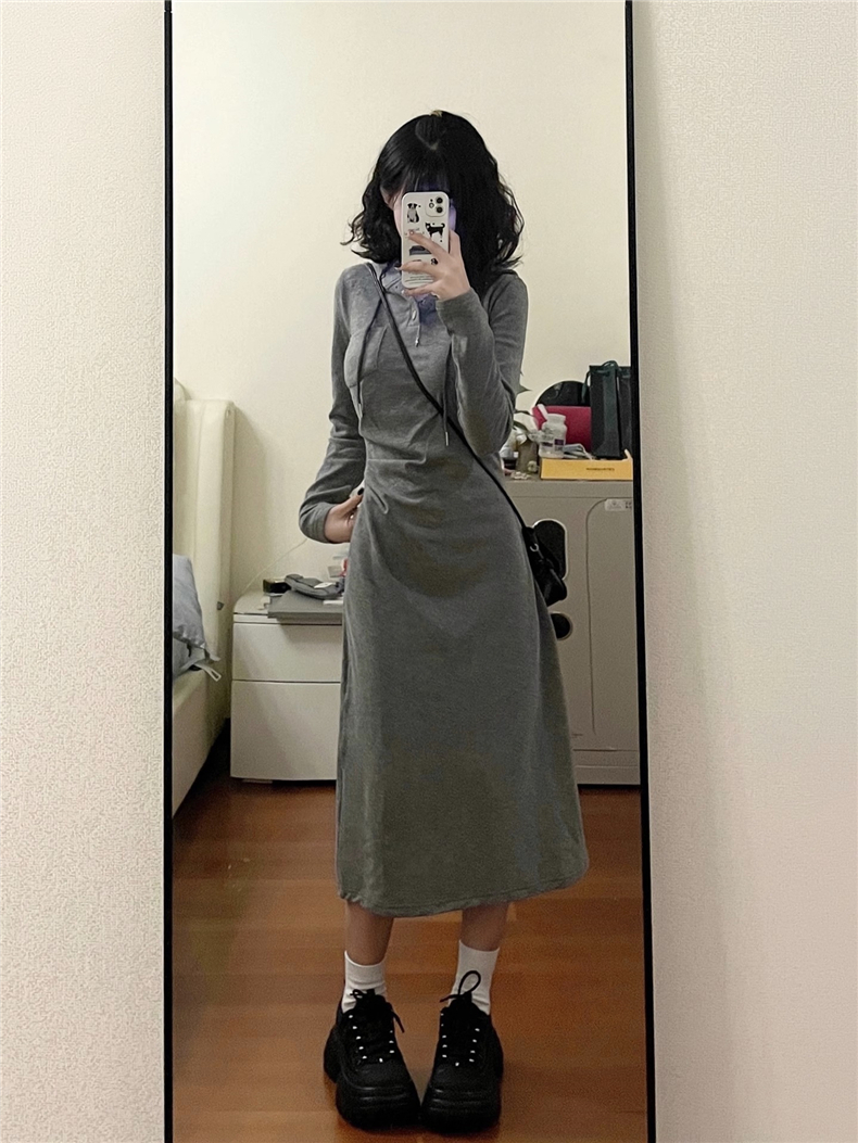 原版質量+綿羊絨早秋連帽衛衣長袖連衣裙甜酷辣妹修身包臀長裙