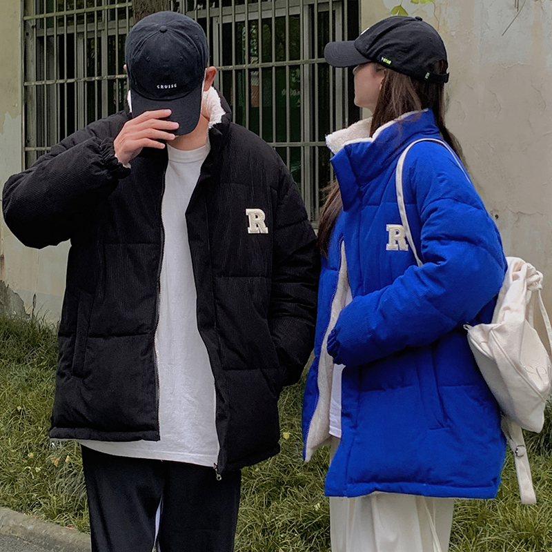 實拍燈芯絨立領情侶裝2023冬韓版羽絨服羊羔毛棉衣港風雙面穿棉服