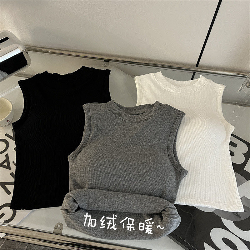 實拍春秋韓版磨毛保暖帶胸墊無袖背心女純色內搭外穿修身顯瘦