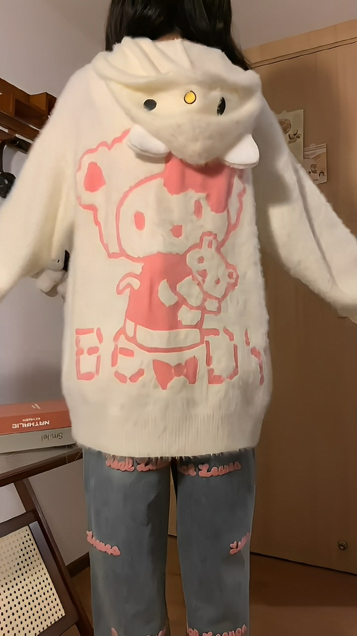 日系復古學院風可愛貓咪開衫連帽毛衣女秋冬外穿高級感上衣外套潮