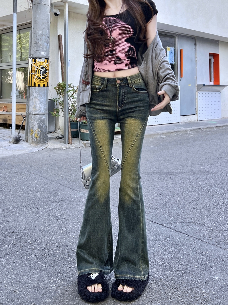 實拍#新款設計感拼接彈力牛仔長褲女微喇叭拖地馬蹄褲子