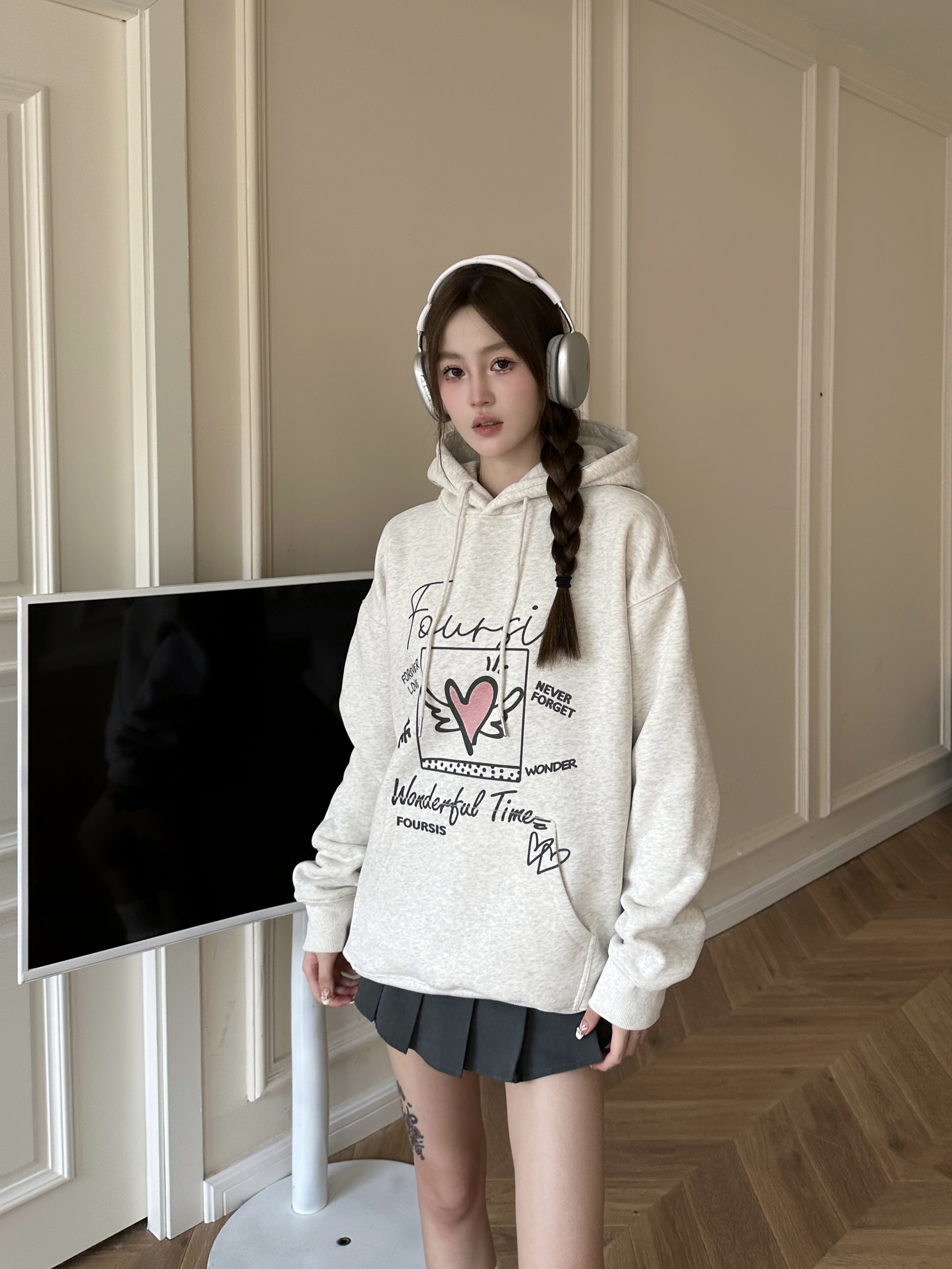 冬季新款華棉複合連帽衛衣印花寬鬆大碼女裝薄款310克/加絨410克