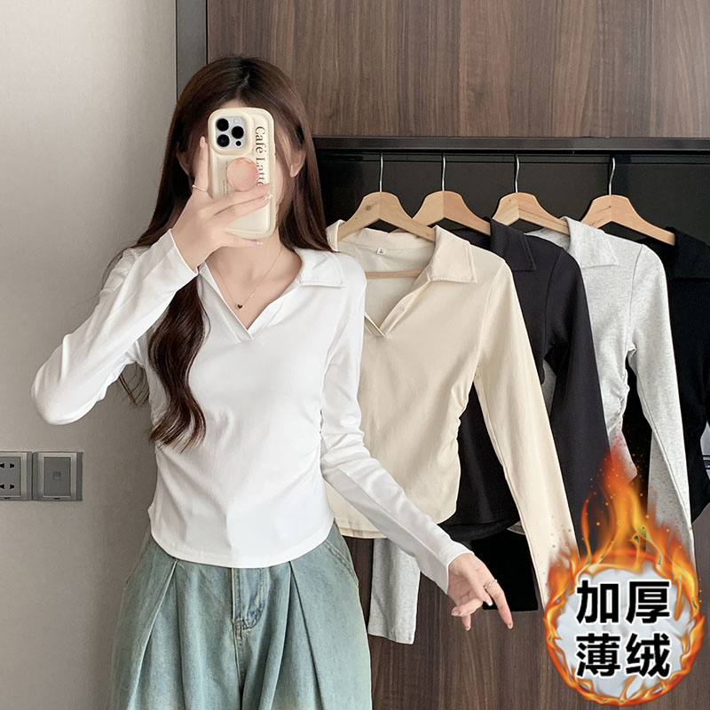 實拍Polo衫翻領長袖打底衫女秋冬季加絨內搭抽褶收腰短款上衣