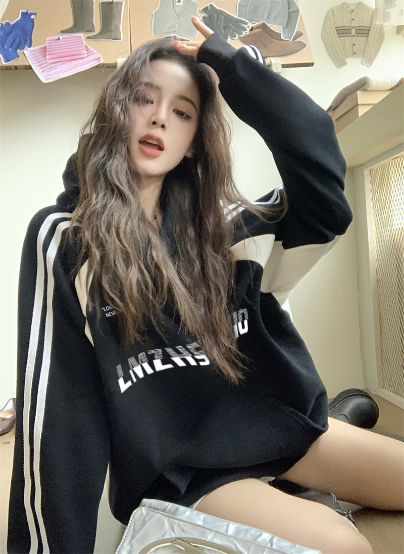 實拍 美式復古插肩衛衣女oversize撞色拼接圓領長袖寬鬆上衣潮入
