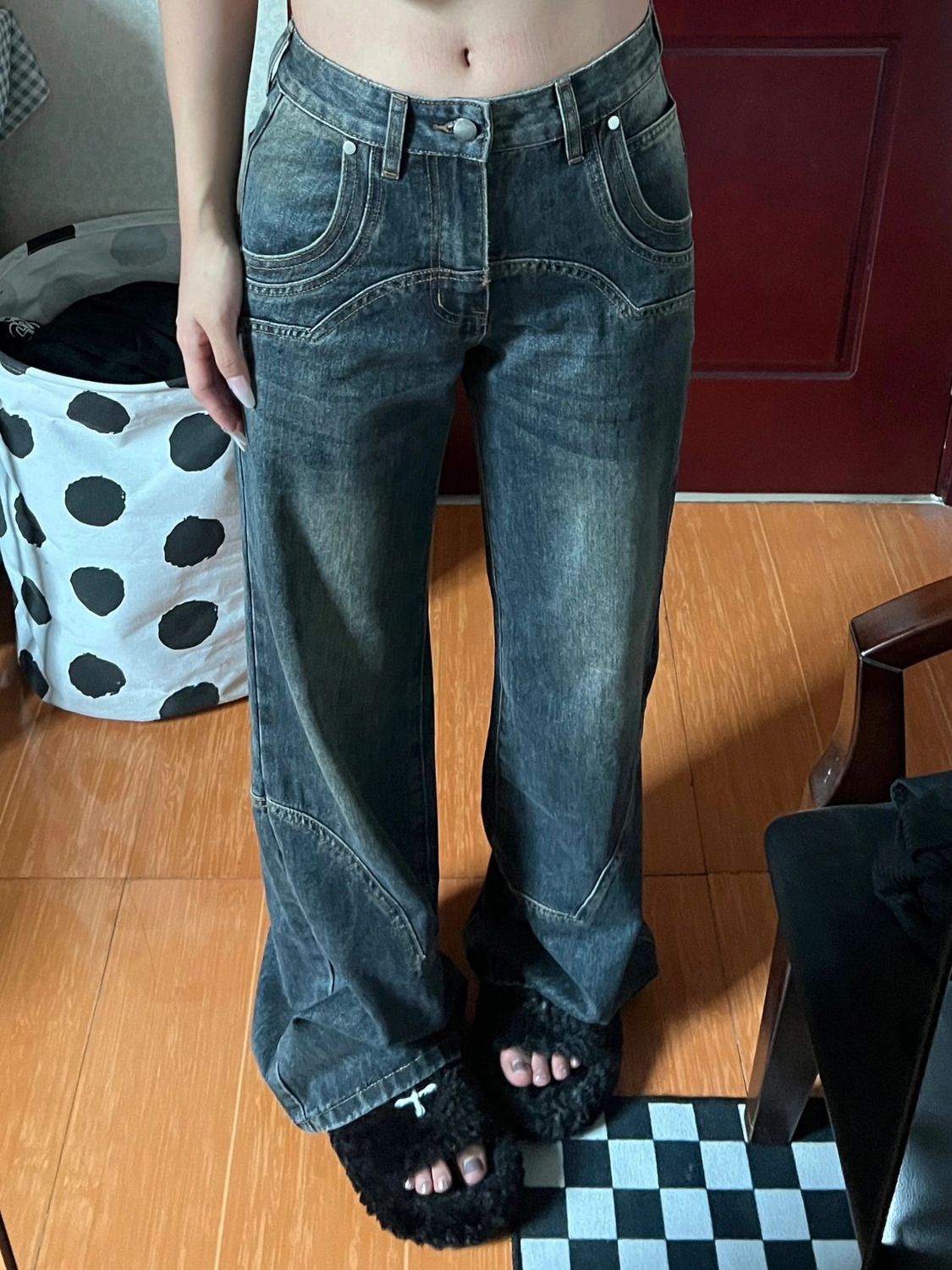 美式復古做舊寬鬆牛仔2023秋冬新款高街百搭顯瘦低腰微喇闊腿褲女