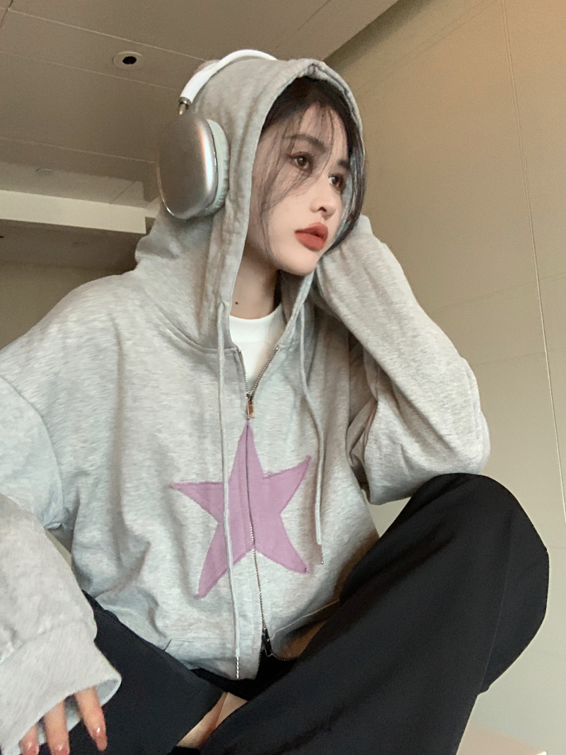 Real shot Korean style star gray loose hooded drawstring sweatshirt for women new American style jacket