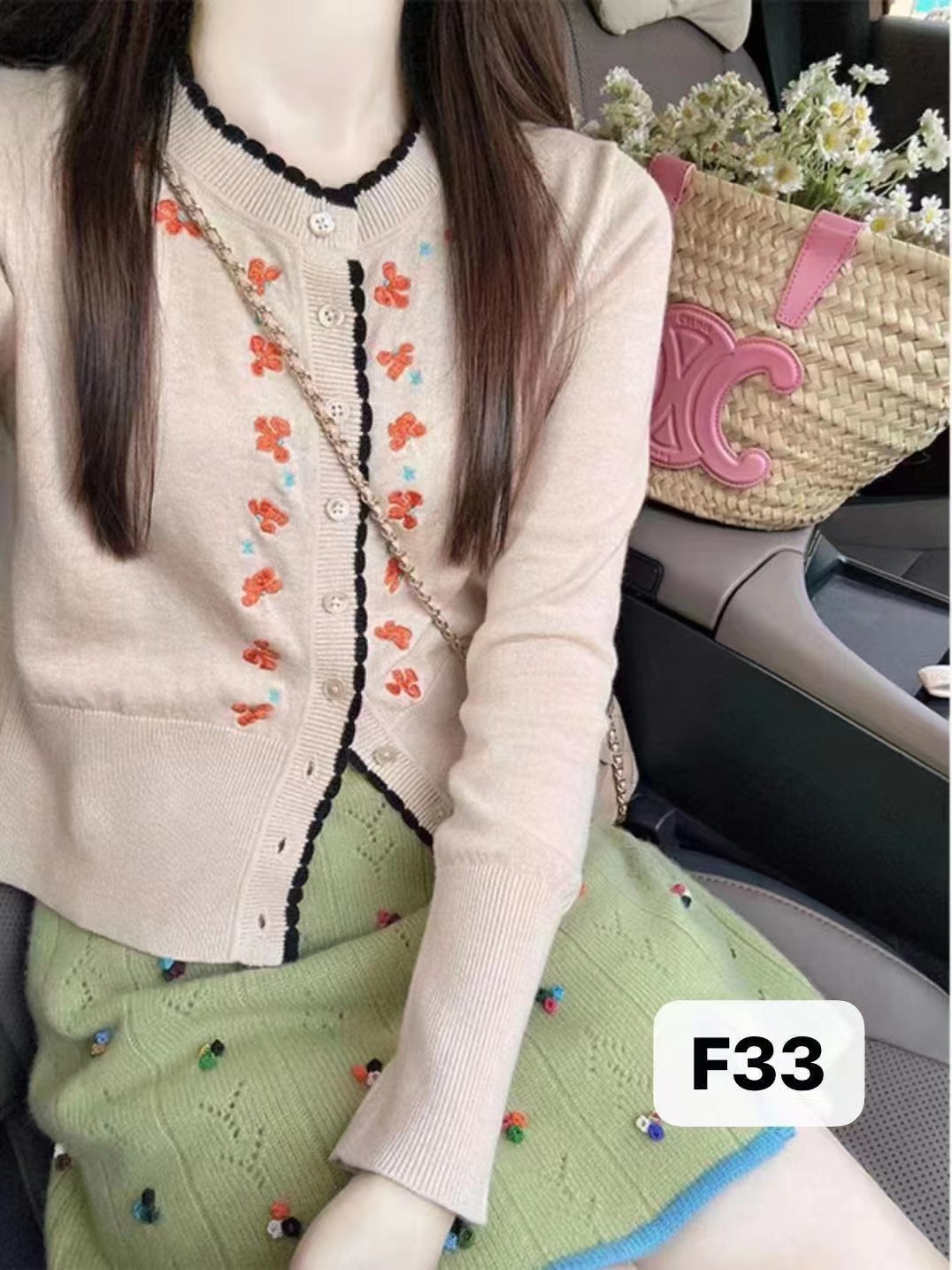 韓風chic溫柔風刺繡花朵撞色針織毛衣外套女秋冬新款小眾別致上衣