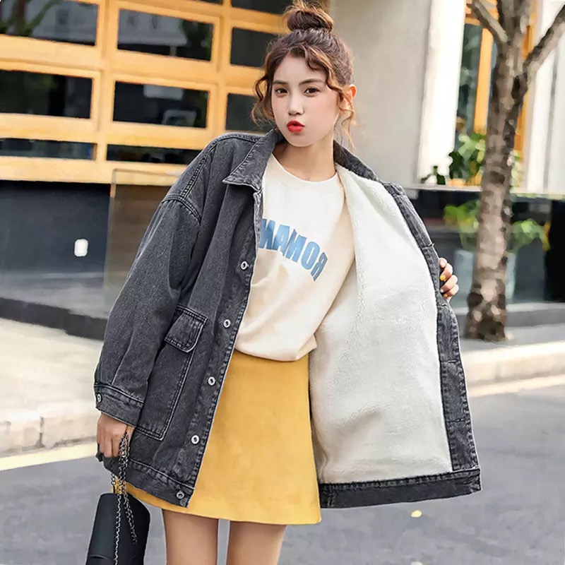 羊羔毛牛仔外套女加絨加厚秋冬季新款韓版學生港風工裝夾克潮上衣