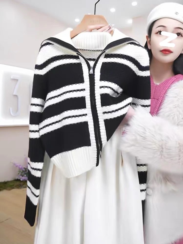 翻領條紋毛衣外套女秋冬2023新款休閒撞色慵懶風拉鏈針織開衫上衣