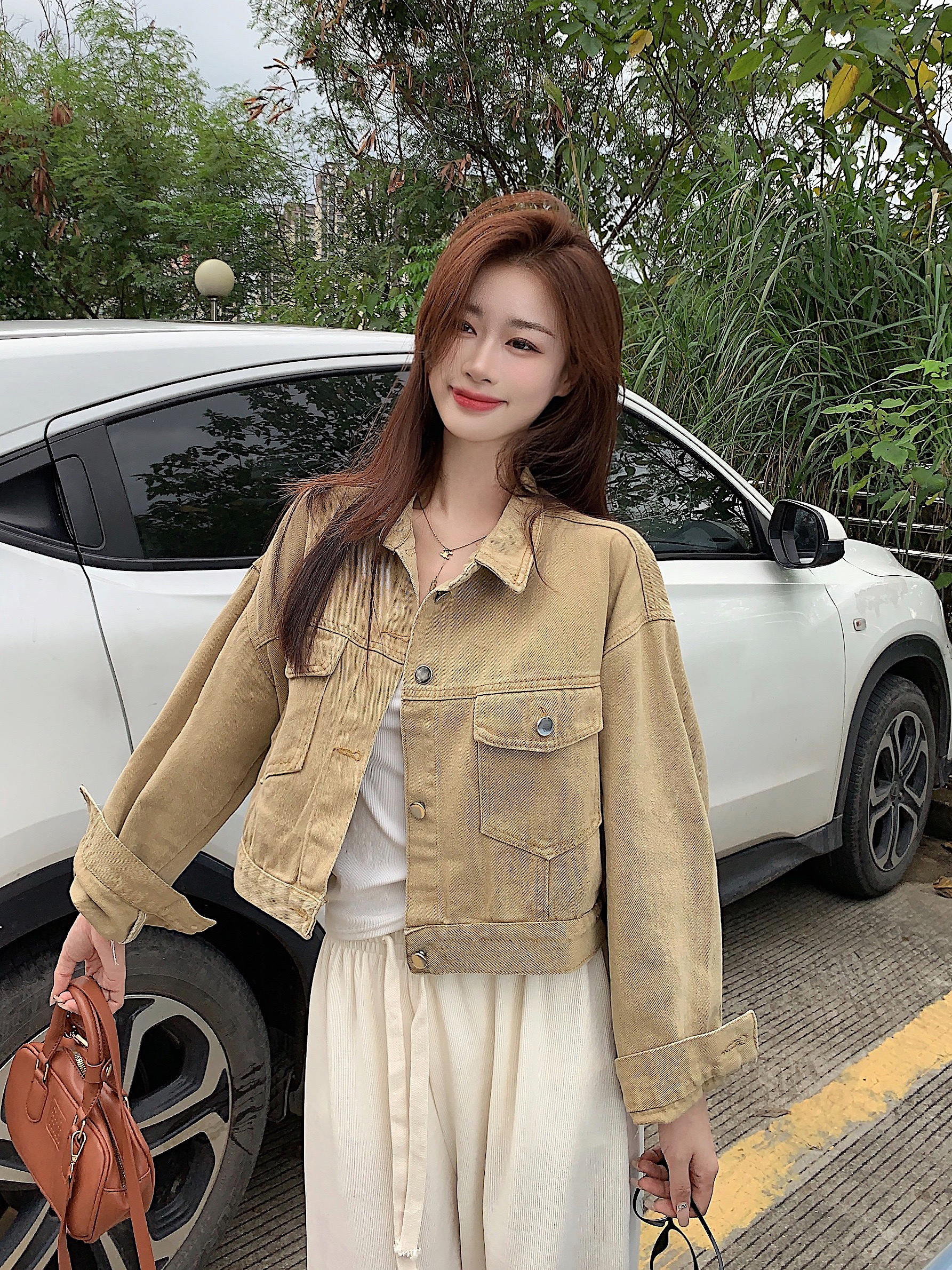 實拍！卡其色短款牛仔外套女秋季新款寬鬆小個子長袖夾克上衣