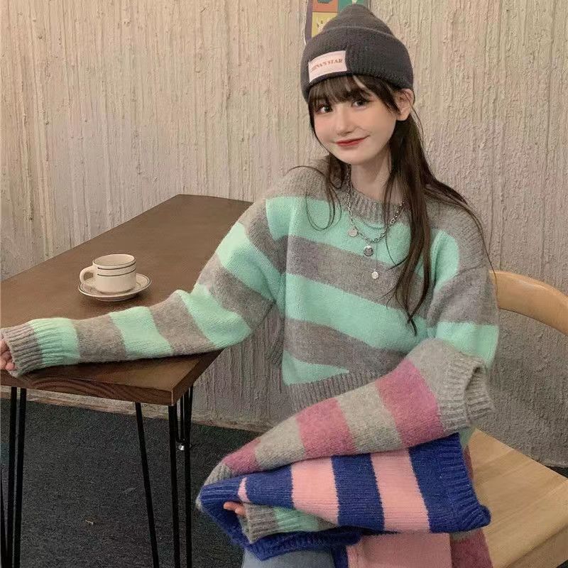 2023 Autumn and Winter Irregular Short Sweater Women's Loose Contrast Color Striped Sweater Korean Style Long Sleeve Round Neck Top