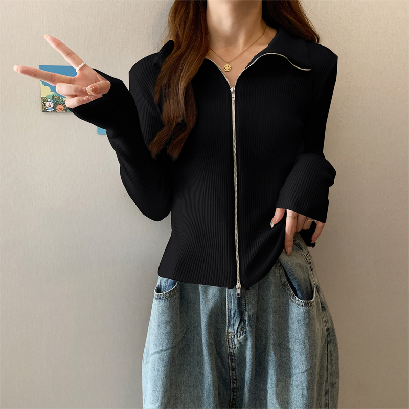 polo領長袖針織開衫女秋季修身設計感小眾毛衣雙拉鏈短款上衣外套