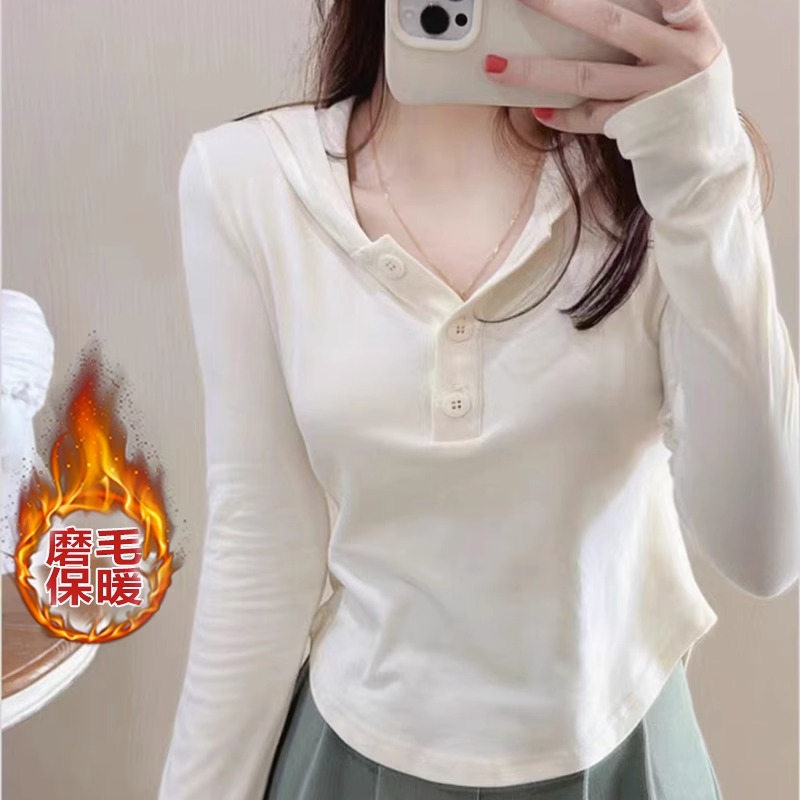 蘑蘑噯唄MoMoWoAi米杏春季棉衛衣打底連帽T恤短款修身上衣女