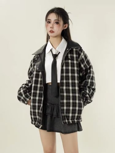 Reversible Plaid Baseball Jacket Women's Autumn and Winter American Retro Reversible Motorcycle Jacket Leather Jacket