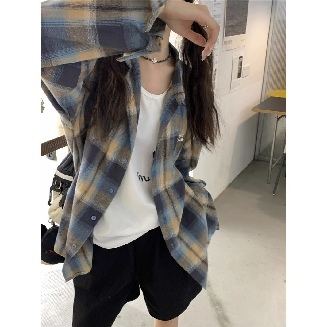 韓系復古格子襯衫女秋季長袖防曬襯衣外套寬鬆顯瘦休閒慵懶風上衣