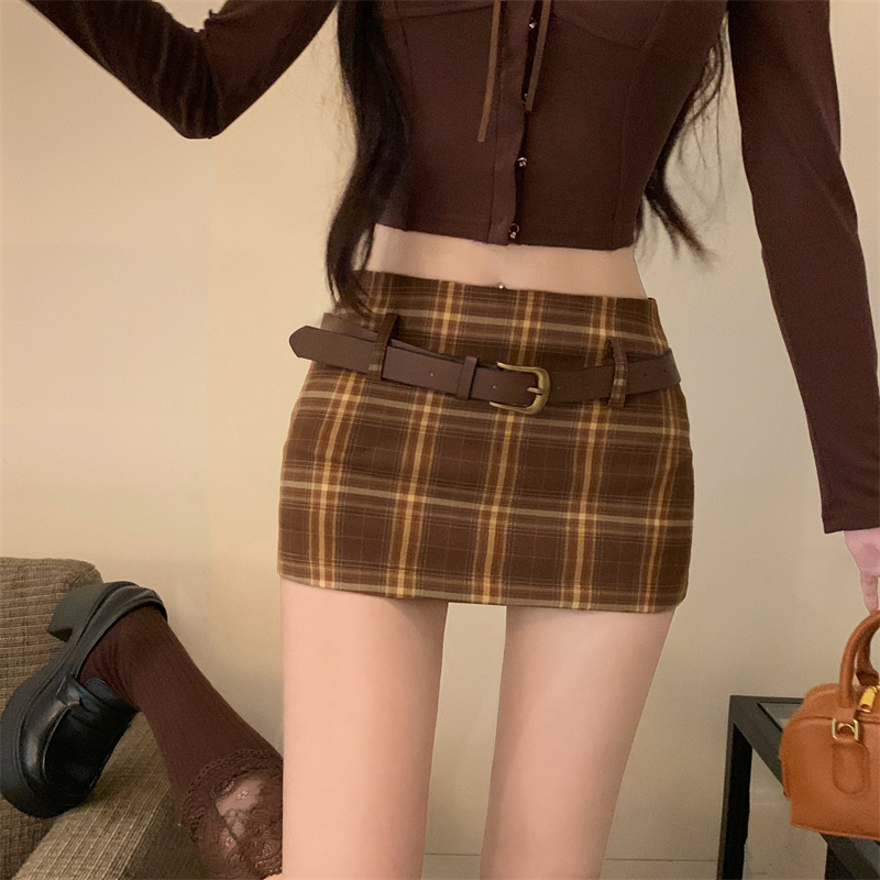 實拍美拉德低腰格子短裙辣妹百搭半身裙靴裙顯瘦包臀裙配腰帶