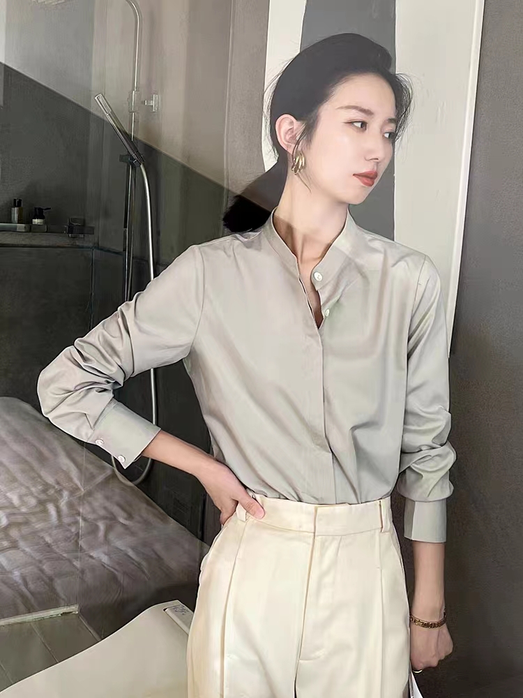 2023秋裝高端襯衫女高級感法式通勤立領抗皺襯衣ol職業輕熟風上衣