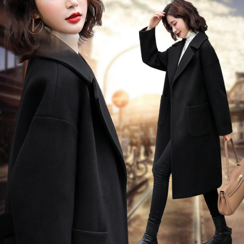 冬季加厚韩版赫本风呢子大衣女系带中长款毛呢外套女黑色