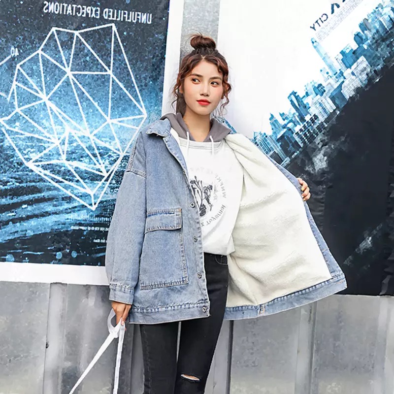 羊羔毛牛仔外套女加絨加厚秋冬季新款韓版學生港風工裝夾克潮上衣