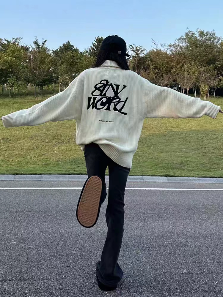 美式標語刺繡高領拉鏈開衫毛衣女秋冬情侶款高級感寬鬆針織衫外套