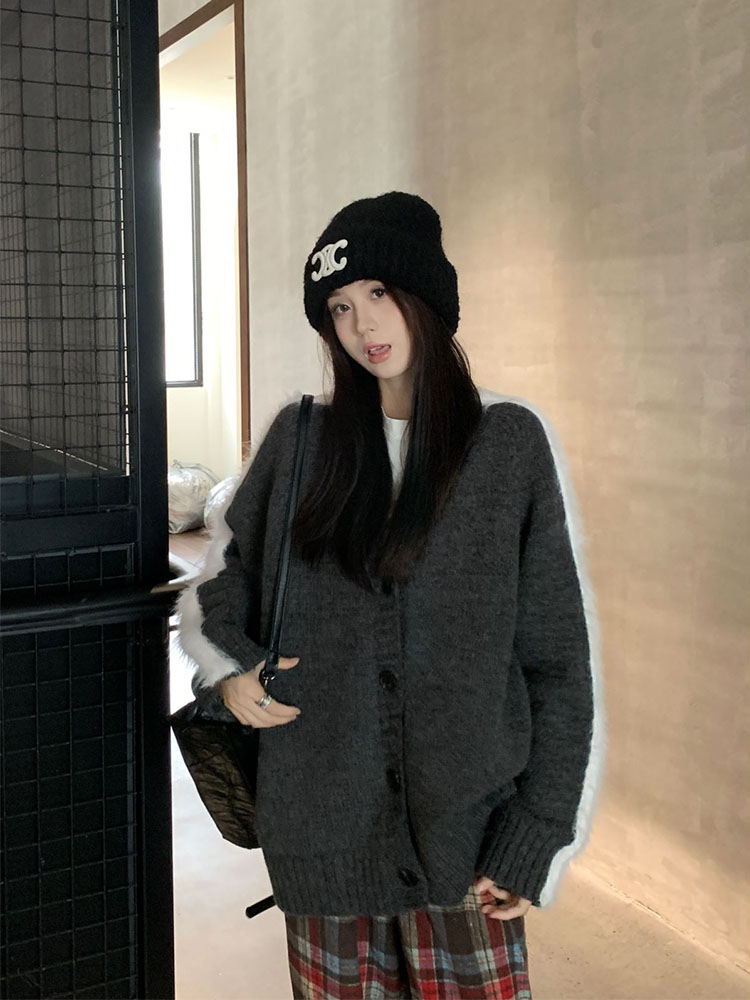 實拍 秋冬拼接毛毛開衫針織外套女灰色上衣慵懶風毛衣設計感