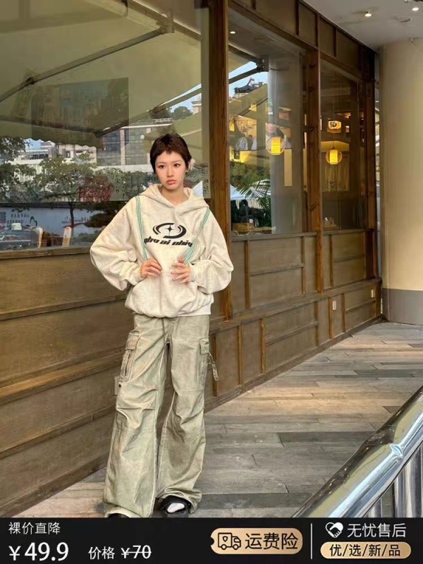國潮牌重磅美式復古連帽衛衣女2023新款秋冬加絨加厚oversize外套