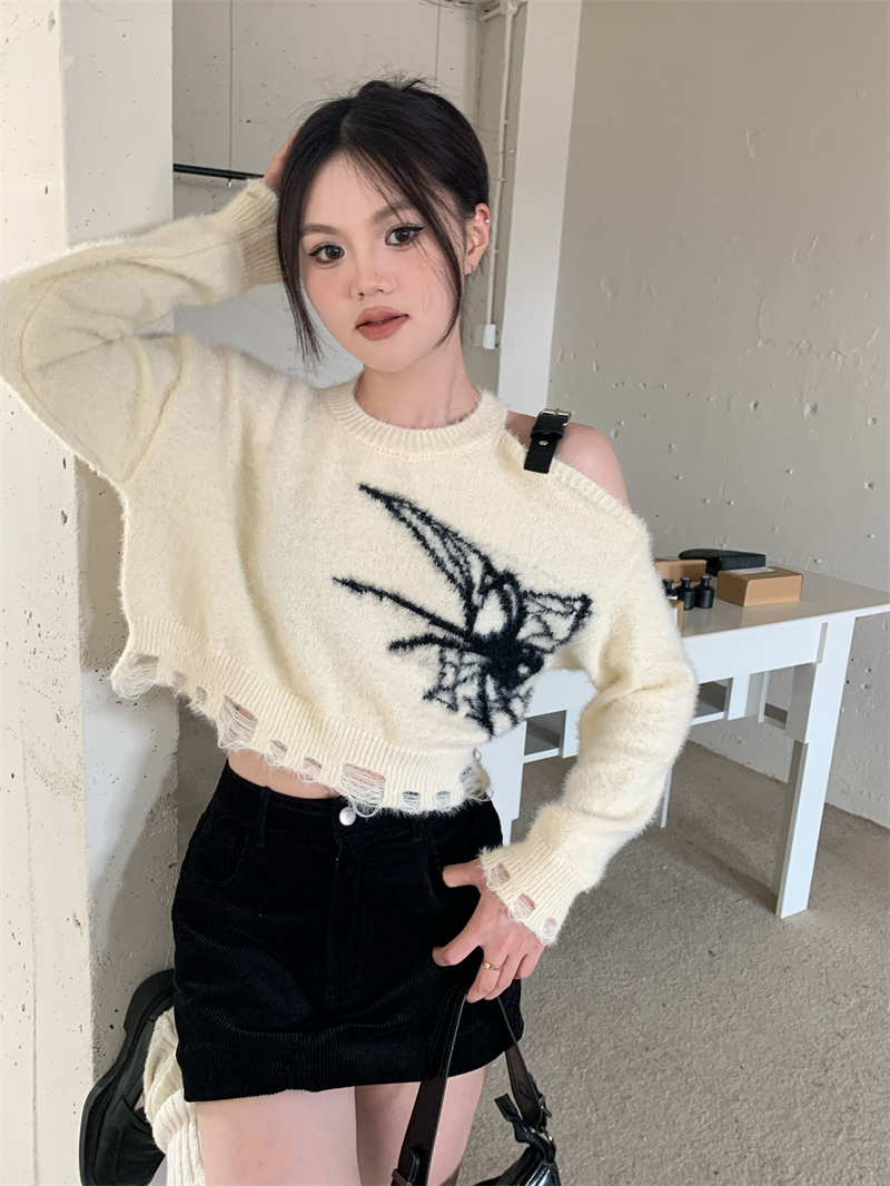 新品首發~實拍 設計感美式復古短款加厚針織套頭毛衣女