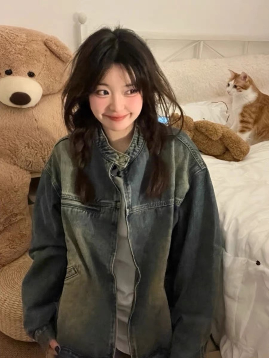 美式復古水洗做舊牛仔外套女春秋2023新款寬鬆工裝夾克上衣ins潮