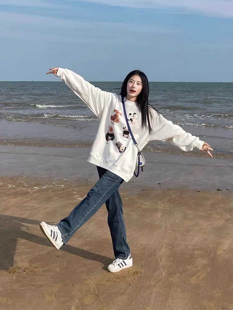 oversize美式圓領外套少女減齡卡通加絨上衣秋冬慵懶風小個子衛衣
