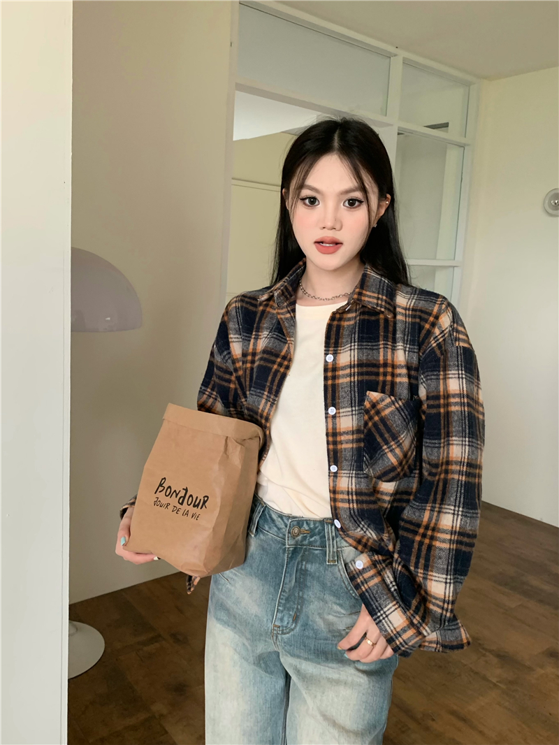 實拍 美拉德秋冬復古格子寬鬆毛呢加厚外套開衫襯衫