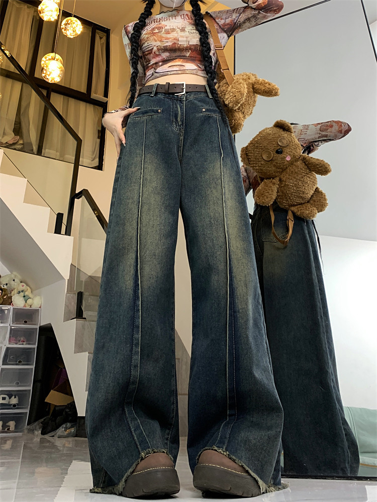 實拍 ~美式復古毛邊牛仔褲女高腰顯瘦直筒闊腿拖地長褲