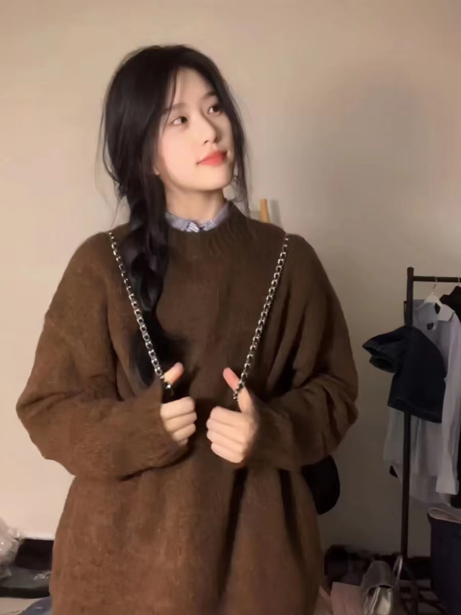 美式復古毛衣女春秋冬寬鬆外穿慵懶風設計感小眾圓領套頭針織上衣