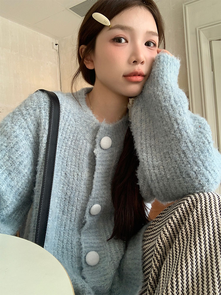 實拍 秋冬韓chic簡約糖果色圓下擺單排扣針織毛衣開衫外套