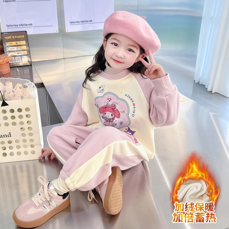 女小童冬季2023新款套裝洋氣時尚女孩韓版加絨卡通亮片衛衣兩件套