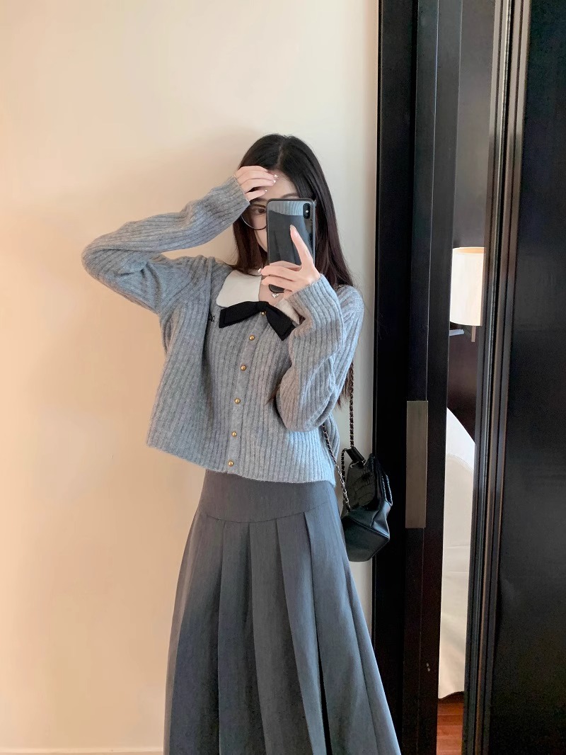 天貓質量設計感小眾翻領蝴蝶結毛衣學院風長袖針織衫女秋季