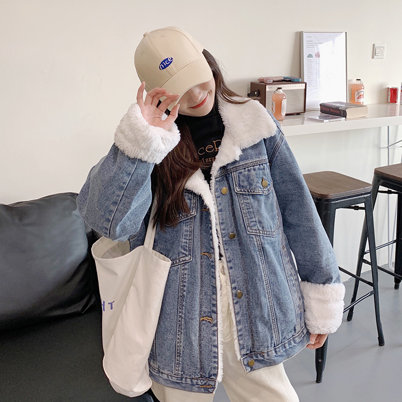 藍色牛仔外套加絨加厚女秋冬季2023年新款冬裝韓版寬鬆時尚棉衣潮