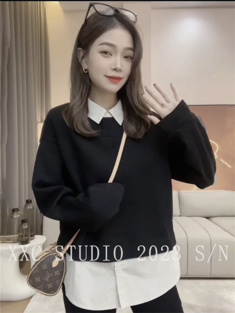 歐貨秋冬2023新款高級感百搭假兩件加絨衛衣女拼接襯衫設計感上衣