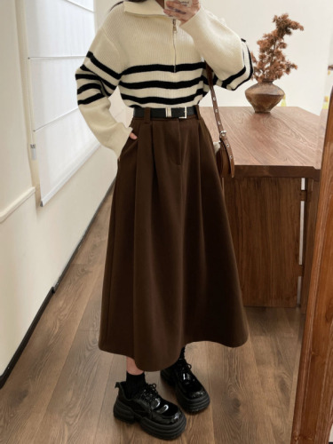 Actual shot~Thick woolen new autumn high-waist slimming temperament A-line versatile long skirt women's umbrella skirt