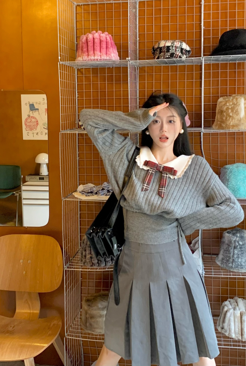 實拍 藝術生復古娃娃領蝴蝶結慵懶針織學院風毛衣女