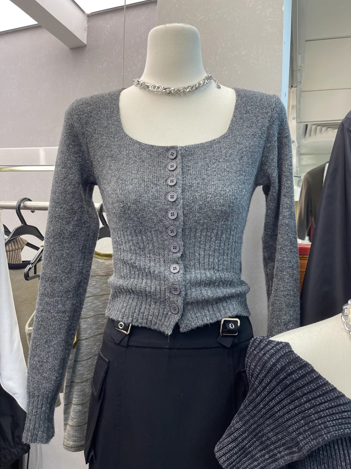 Thirteen Lines Women's Autumn New Style Korean Style Square Neck Single Breasted Slim High Waist Long Sleeve Knitted Sweater Tops for Women