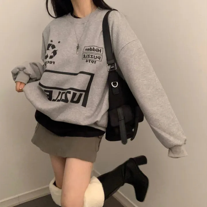已保護~ins復古Y2K美式字母印花寬鬆運動衛衣韓國秋冬休閒套頭