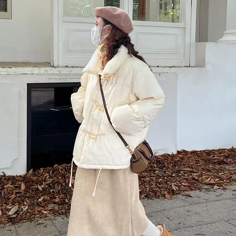 Real shot of Korean down jacket women's short 2023 new Korean style loose horn button cotton jacket