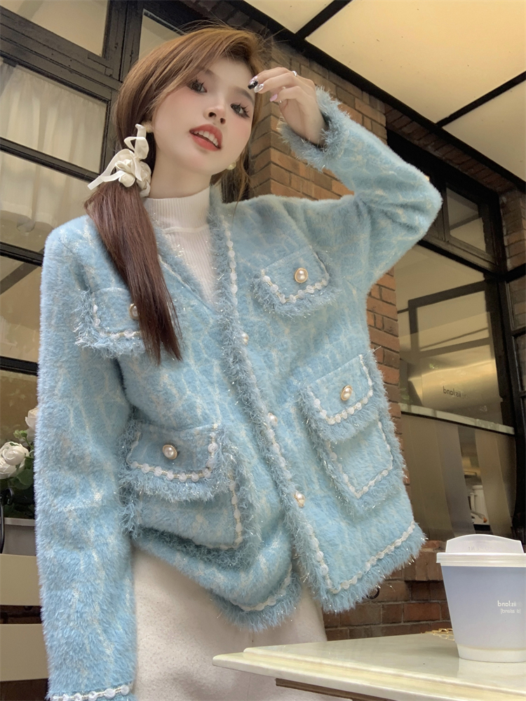 實拍 秋季新款小香風V領流蘇外套女針織毛衣開衫防水貂絨上衣