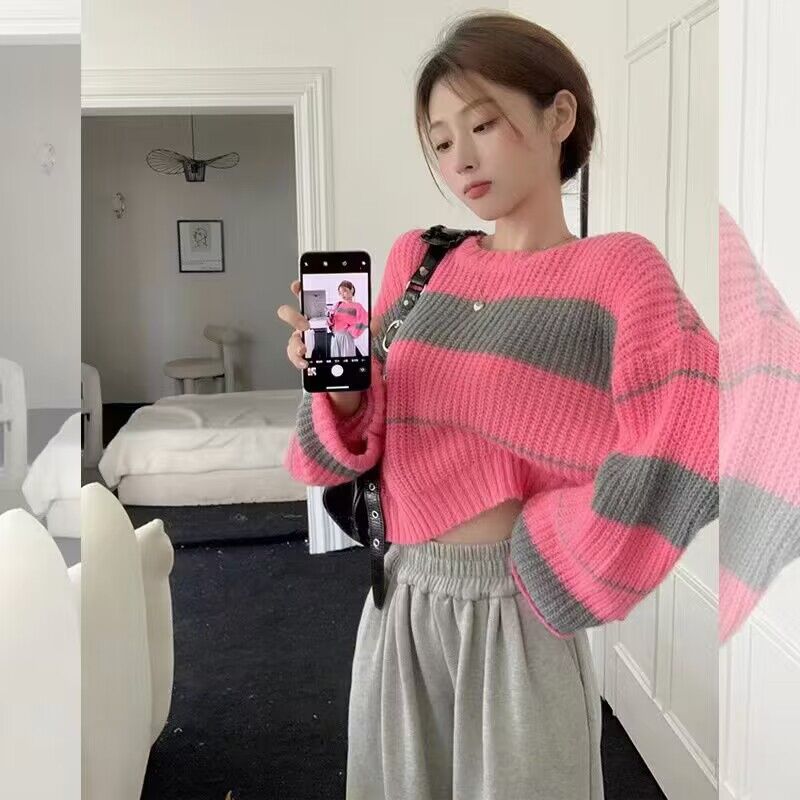 South Korea Dongdaemun 2023 Spring and Winter Lazy Style Pullover Round Neck Loose Long Sleeve Short Contrast Striped Sweater for Women