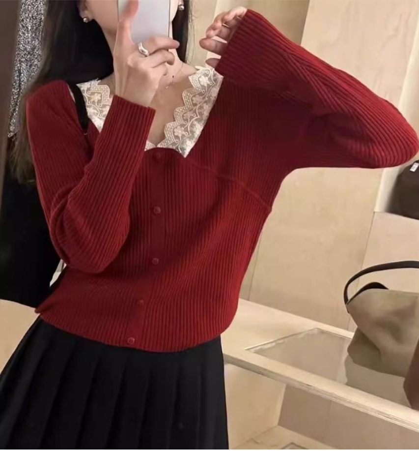 歐貨蕾絲拼接個性設計感小女人套頭針織衫氣質小眾甜美打底毛衣