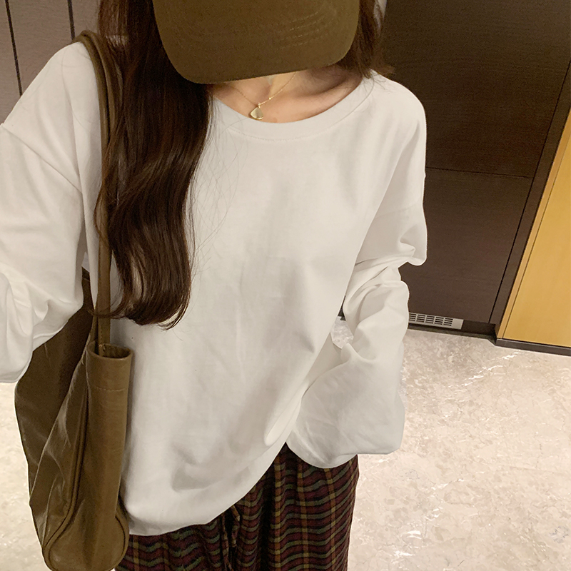 實拍圖秋季新款韓系寬鬆大碼圓領純棉T恤女