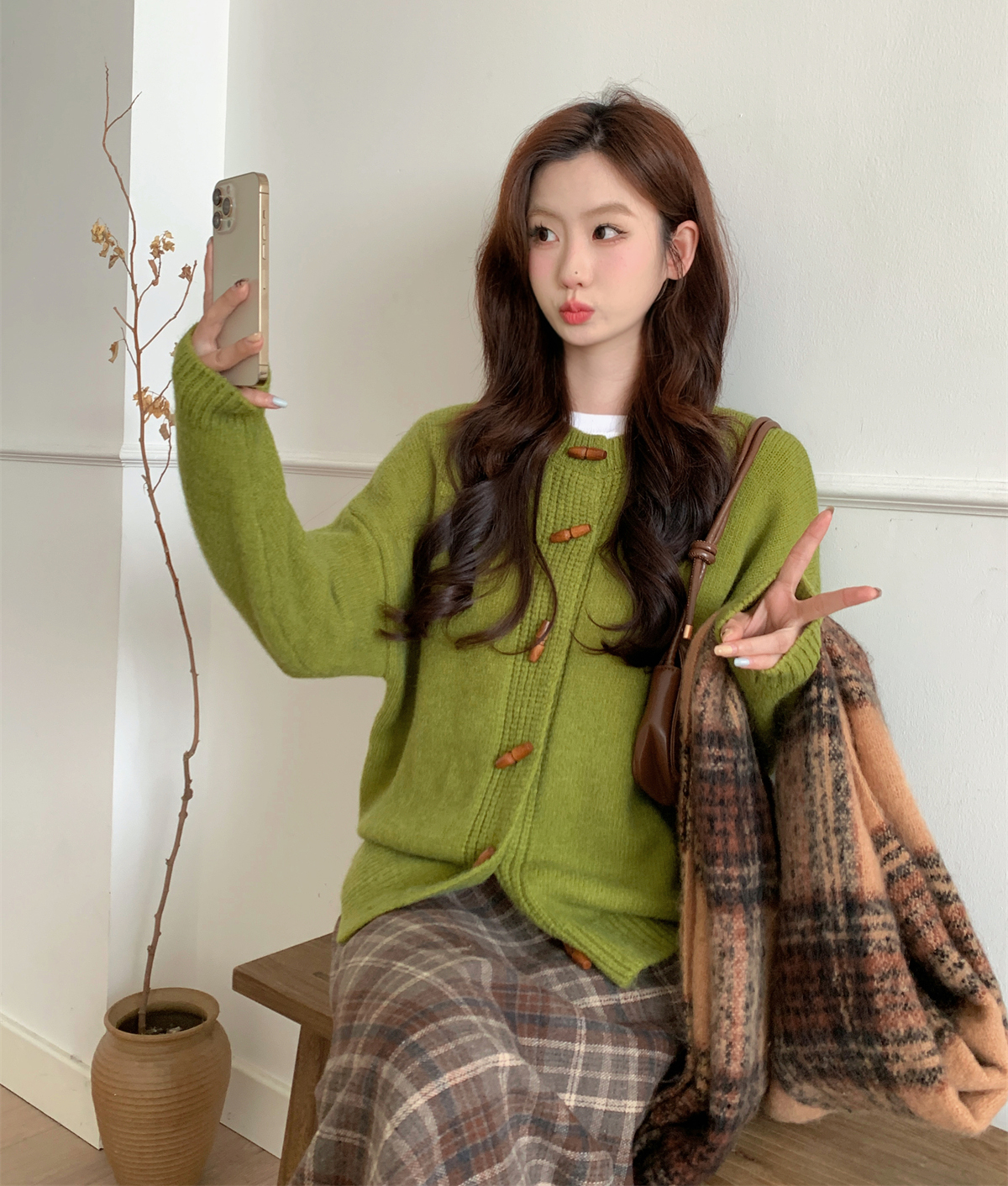 實拍# 秋冬小個子牛角扣開衫毛衣外套女