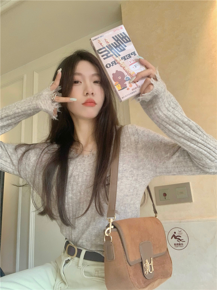 實拍~桃氣果卉破邊坑條百搭多色毛衣女秋設計感針織上衣